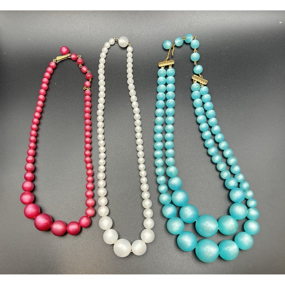 Vintage Graduated Moon Glow Lucite Bead Necklace Magenta White & Aqua ~ Set of 3